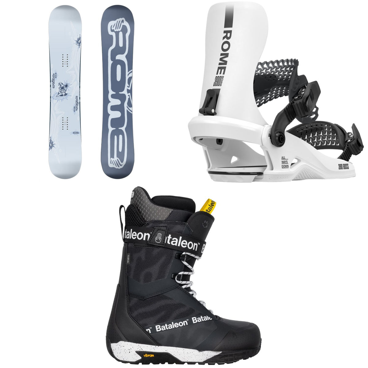 Rome Artifact Snowboard + 390 Boss HW Snowboard Bindings + Bataleon Salsa Lace Snowboard Boots 2026