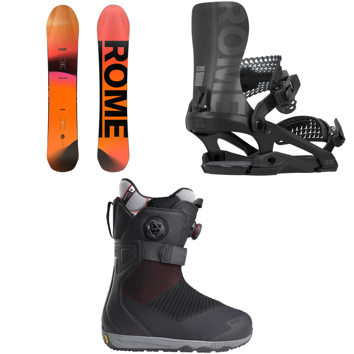 Rome Ravine Snowboard + 390 Boss FW Snowboard Bindings + Nidecker Index Snowboard Boots 2026