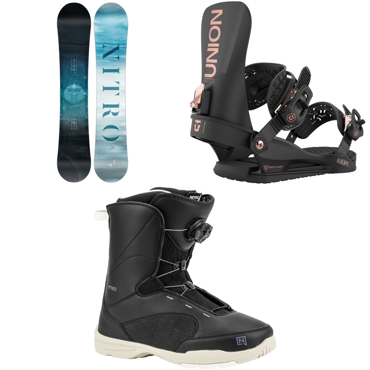Nitro Mystique Snowboard + Union Juliet Snowboard Bindings + Nitro Flora Boa Snowboard Boots - Women's 2026