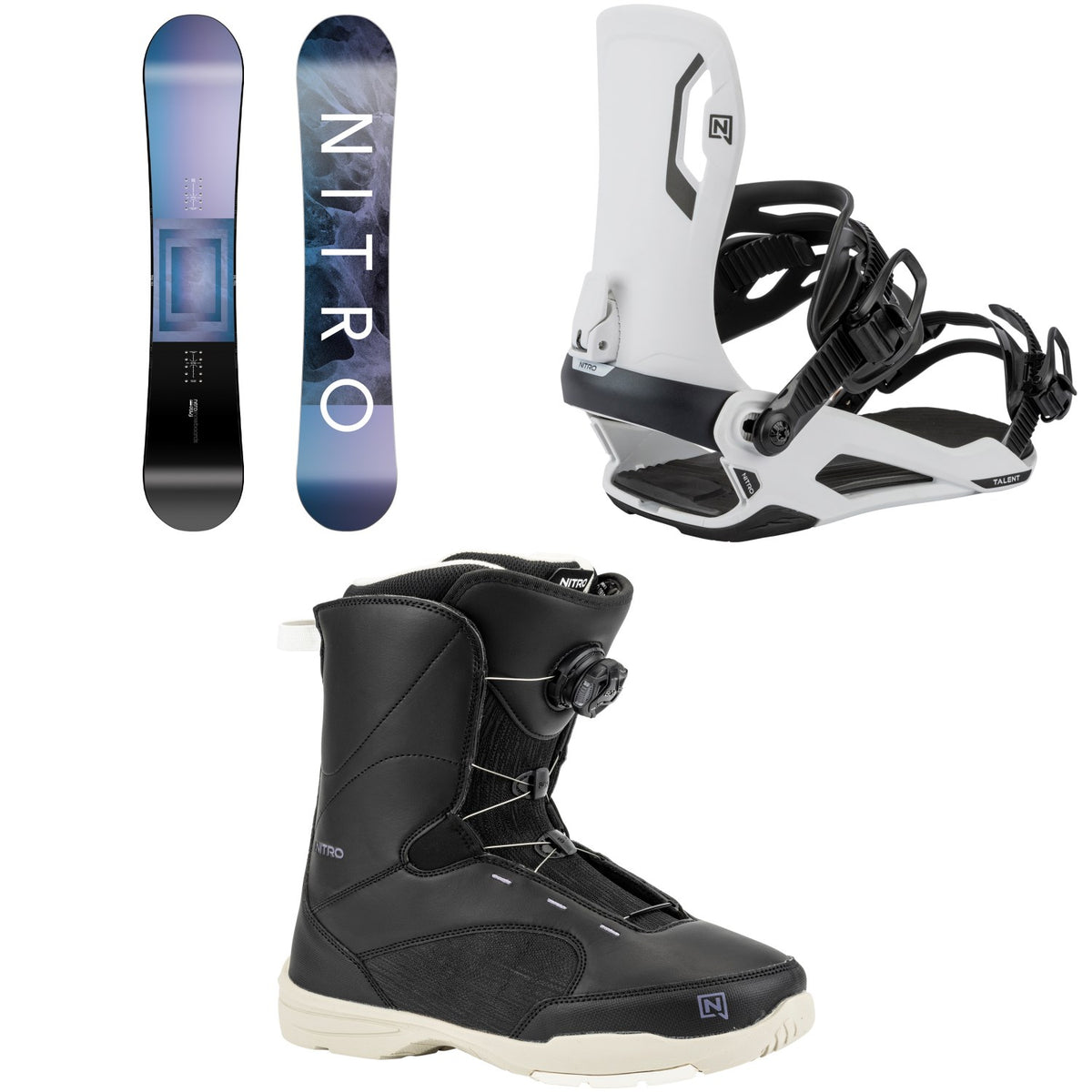 Nitro Fate Snowboard + Talent Snowboard Bindings + Flora Boa Snowboard Boots - Women's 2026