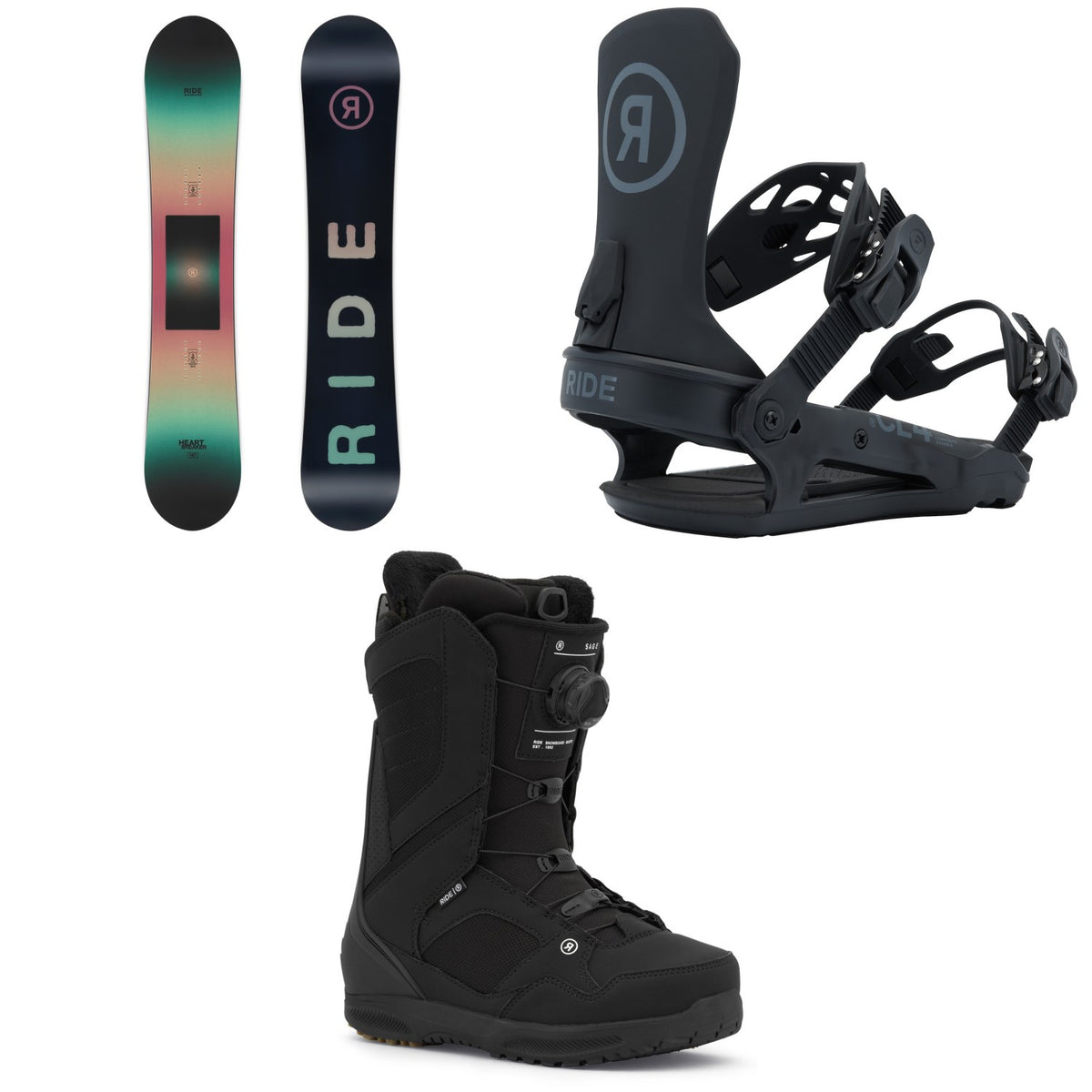 Ride Heartbreaker Snowboard + CL-4 Snowboard Bindings + Sage Snowboard Boots - Women's 2026