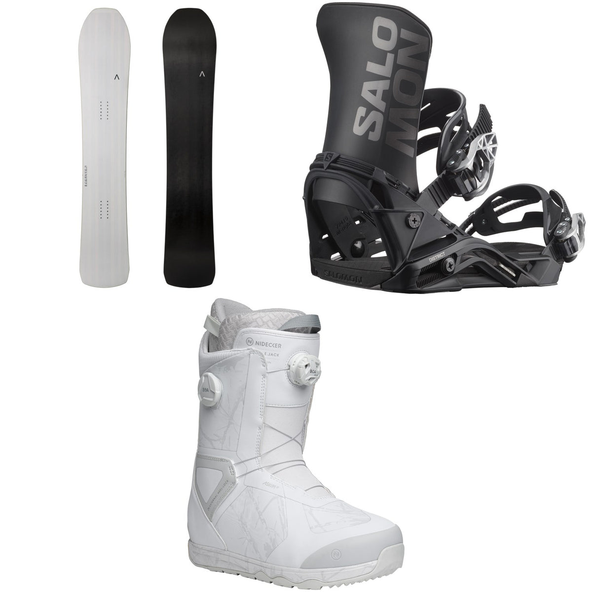 Fjell Snowboards MT 1365 Snowboard + Salomon District Snowboard Bindings + Nidecker Kita Snowboard Boots