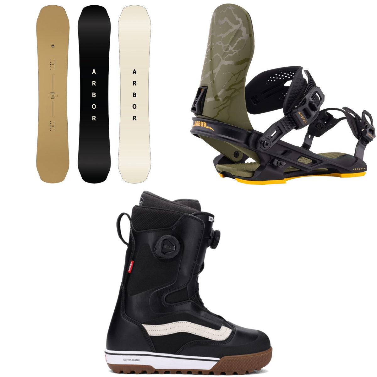 Arbor Element Decon Snowboard + Hemlock Snowboard Bindings + Vans Aura Pro Snowboard Boots