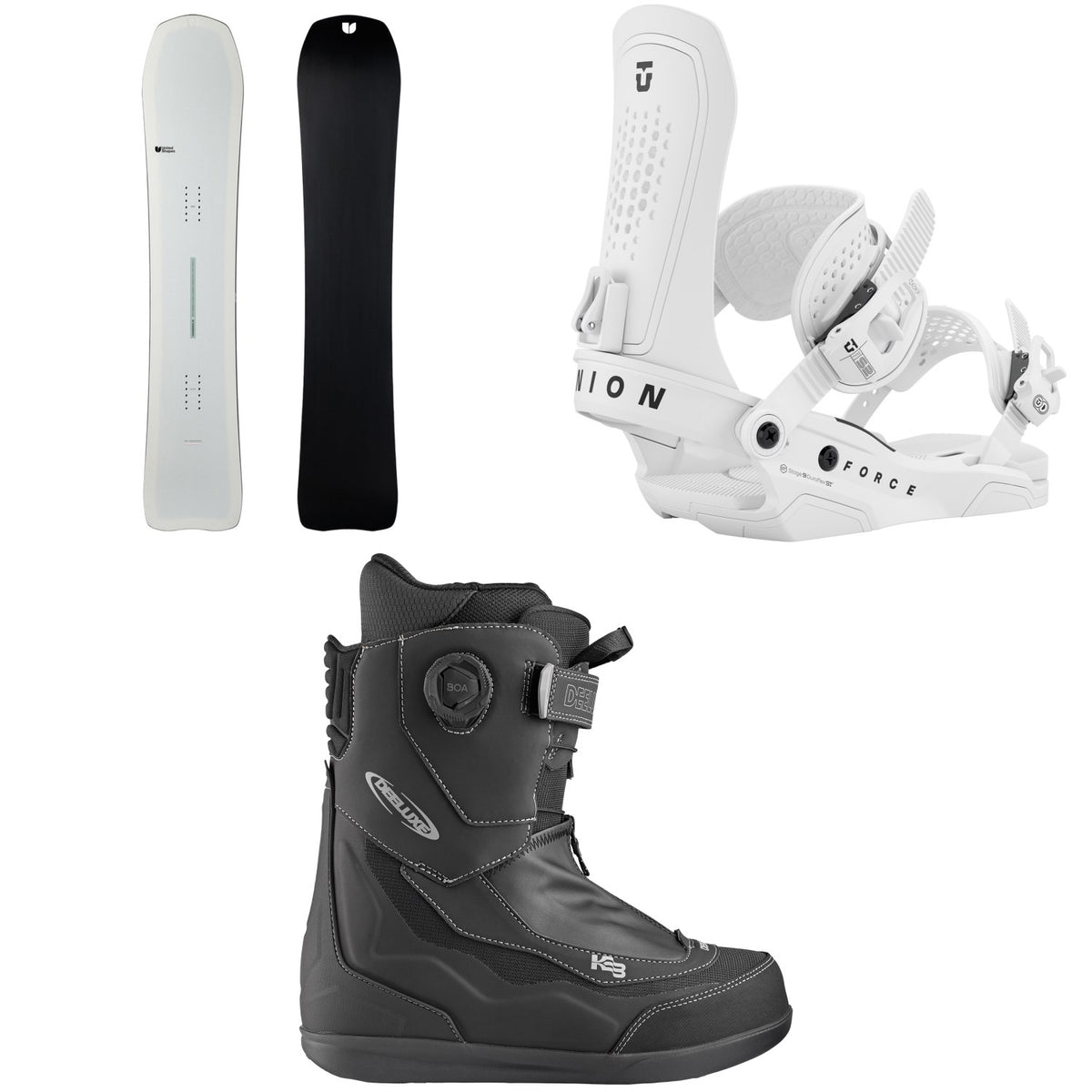 United Shapes Transmission Snowboard + Union Force Snowboard Bindings + Deeluxe Aeris Snowboard Boots 2026