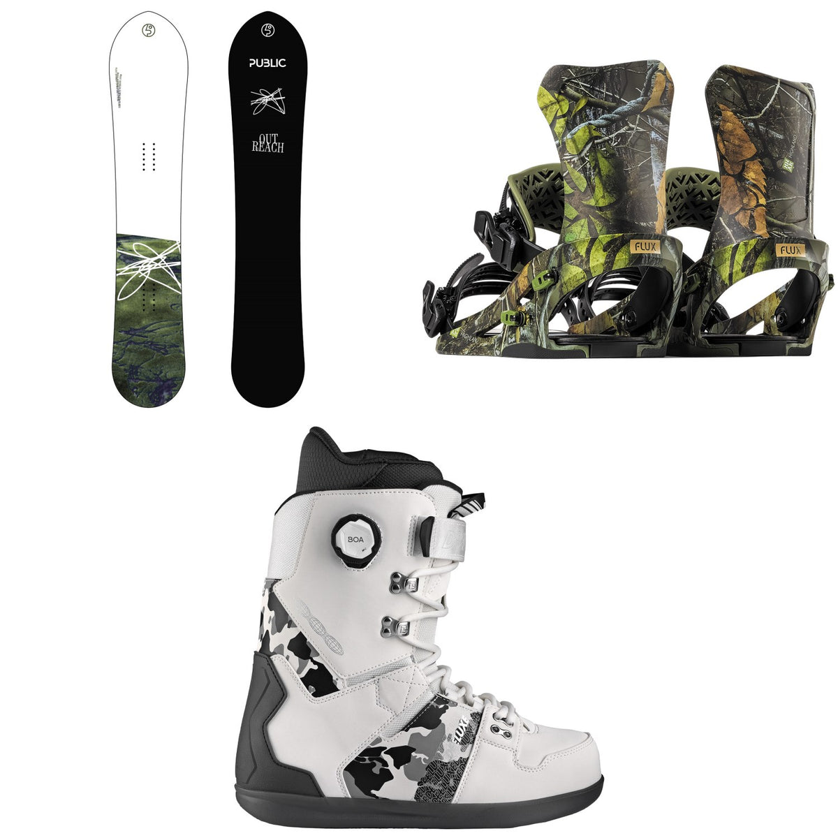 Public Snowboards Outreach Snowboard + Flux DS Snowboard Bindings + Deeluxe D.N.A. Pro Snowboard Boots 2026