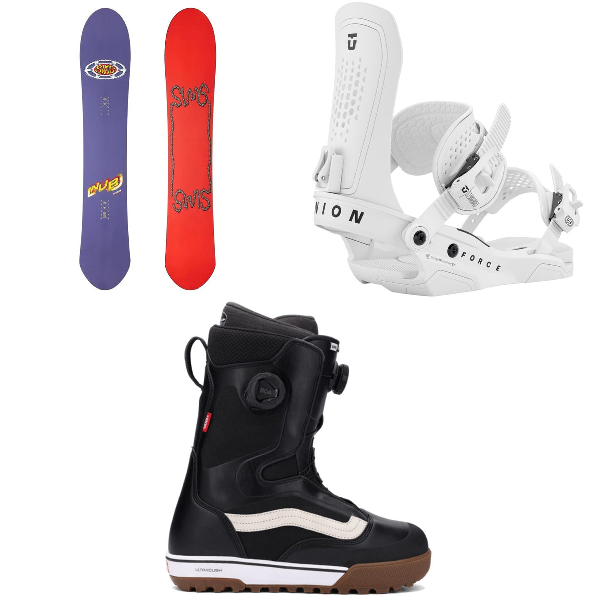 Sims Nub Snowboard + Union Force Snowboard Bindings + Vans Aura Pro Snowboard Boots 2026