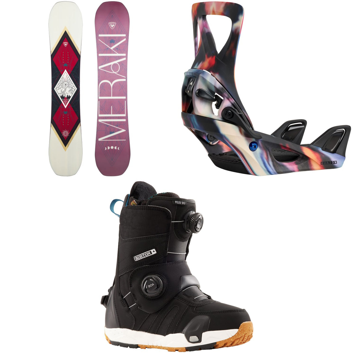 Rossignol Meraki Snowboard + Burton Step On Snowboard Bindings + Felix Step On Snowboard Boots - Women's