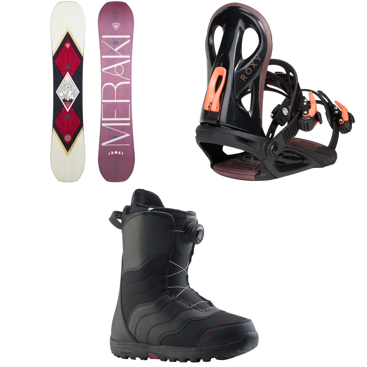 Rossignol Meraki Snowboard + Roxy Viva LTD Snowboard Bindings + Burton Mint Boa Snowboard Boots - Women's