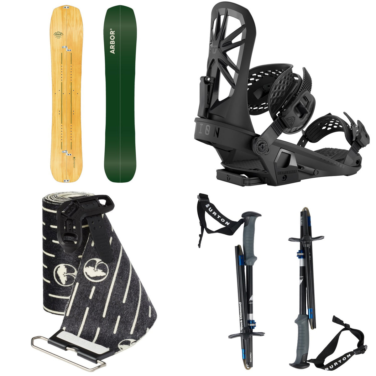 Arbor Landmark Splitboard + Union Explorer Splitboard Bindings + Angusta Universal Splitboard Skins + Burton x Black Diamond Compactor Poles