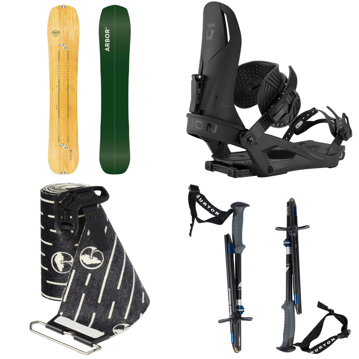 Arbor Landmark Splitboard + Union Charger Splitboard Bindings + Angusta Universal Splitboard Skins + Burton x Black Diamond Compactor Poles