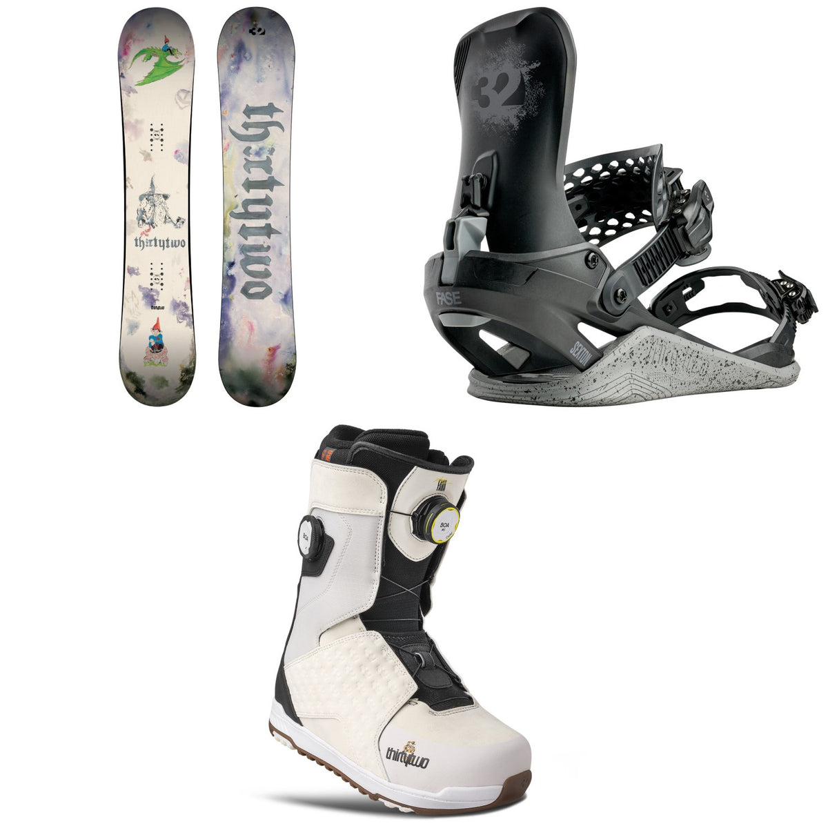 thirtytwo Middle Earth Pro Snowboard + Basin FASE Snowboard Bindings + Lashed Double Boa Snowboard Boots 2027