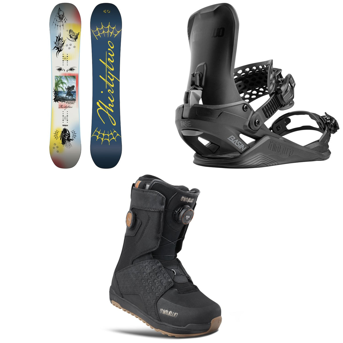 thirtytwo Permanent Vacation Snowboard + Basin FASE Snowboard Bindings + Lashed Double Boa Snowboard Boots 2027