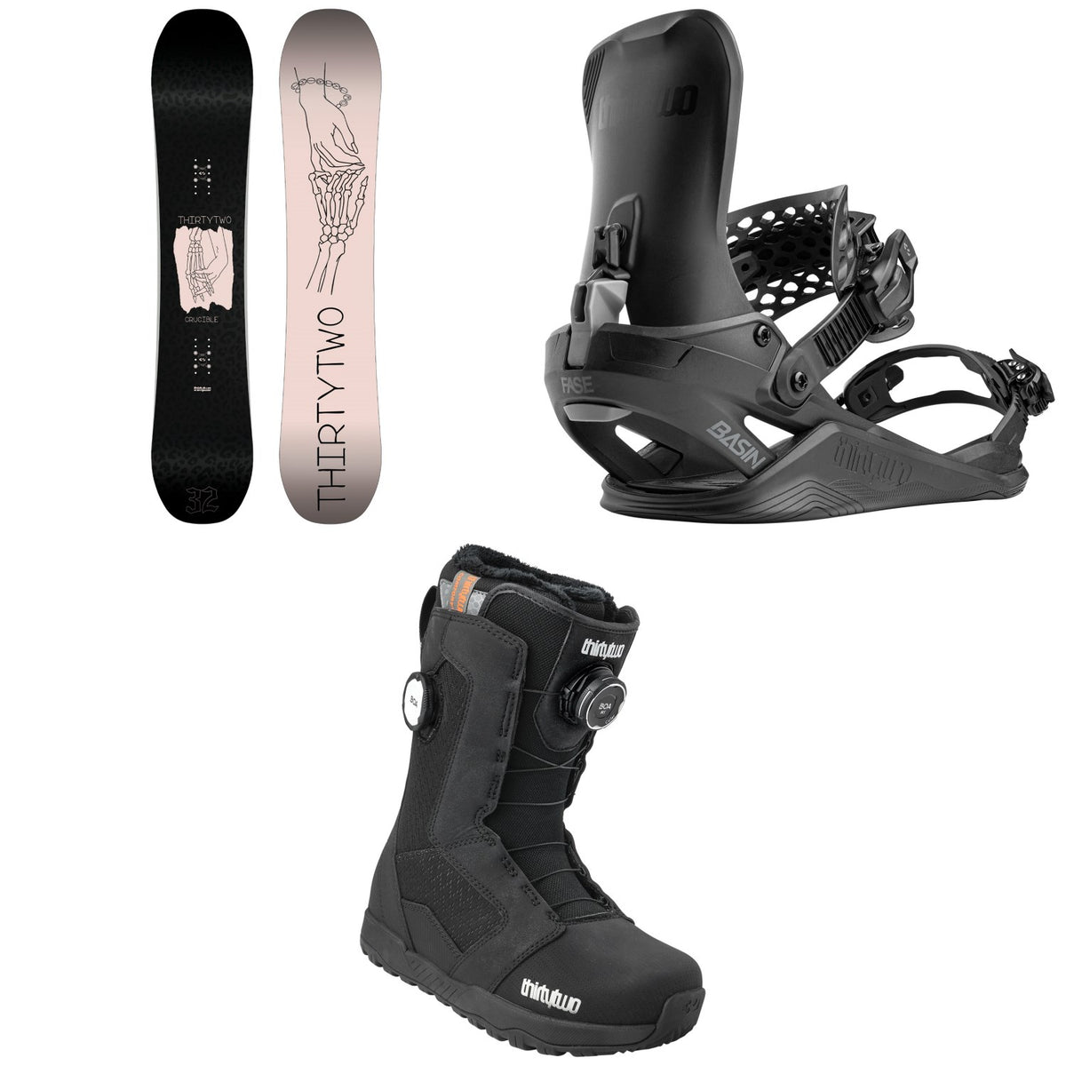 thirtytwo Crucible Snowboard + Basin FASE Snowboard Bindings + STW Double Boa Snowboard Boots - Women's 2027