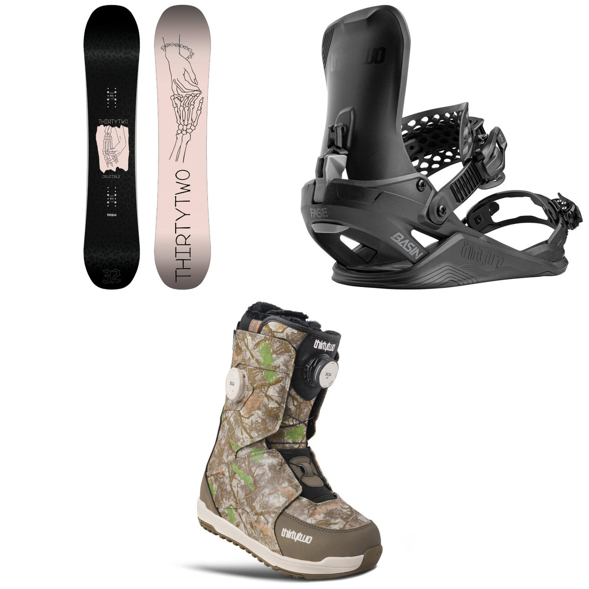 thirtytwo Crucible Snowboard + Basin FASE Snowboard Bindings + Lashed Double Boa Snowboard Boots - Women's 2027