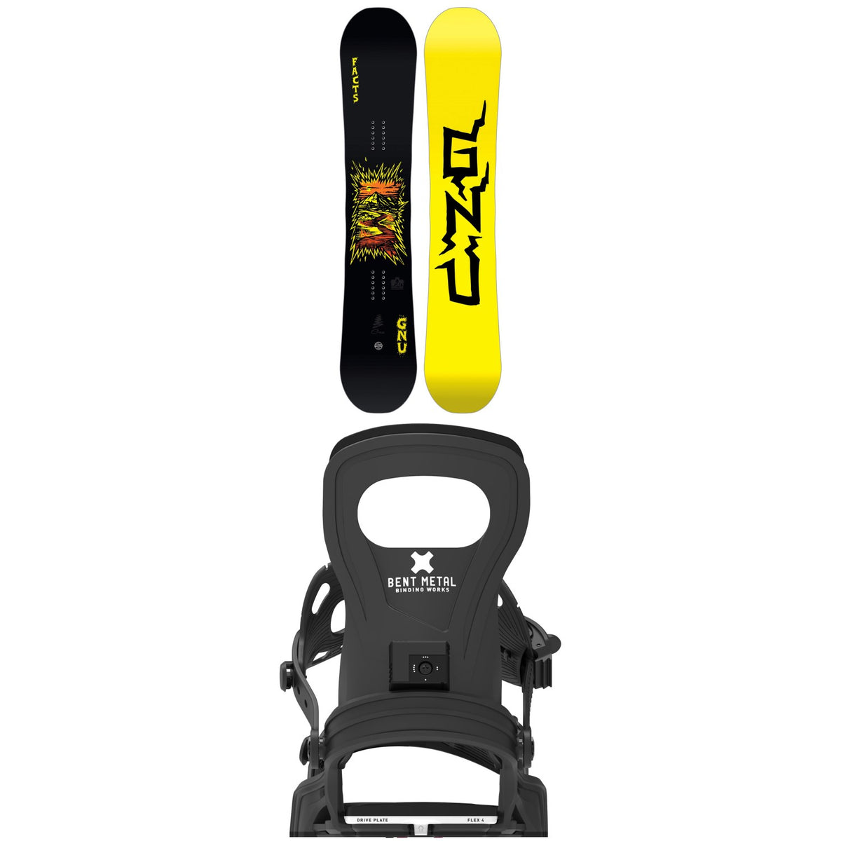 GNU Facts Snowboard + Bent Metal Bolt Snowboard Bindings 2027