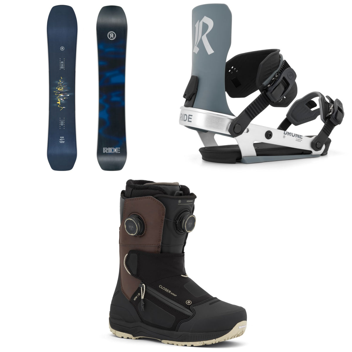 Ride Current Snowboard + Drone Snowboard Bindings + Insano Snowboard Boots 2027