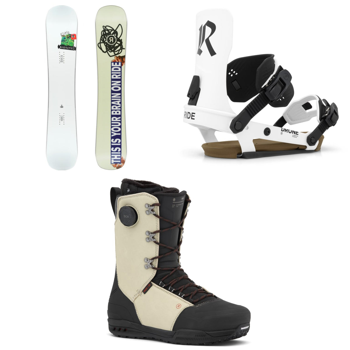 Ride Burnout Snowboard + Drone Snowboard Bindings + Fuse Snowboard Boots 2027