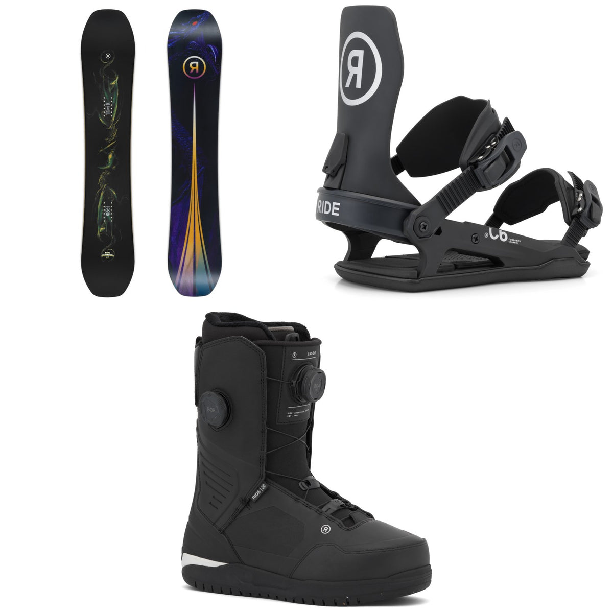 Ride Shadowban Snowboard + C-6 Snowboard Bindings + Lasso Boa Snowboard Boots 2027