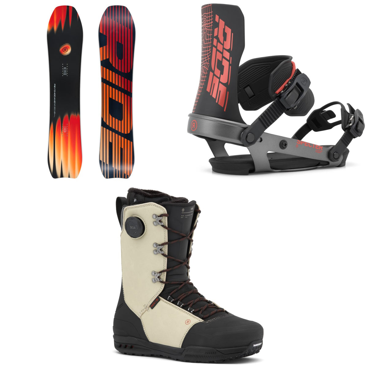 Ride Psychocandy Snowboard + Specter Snowboard Bindings + Fuse Snowboard Boots 2027