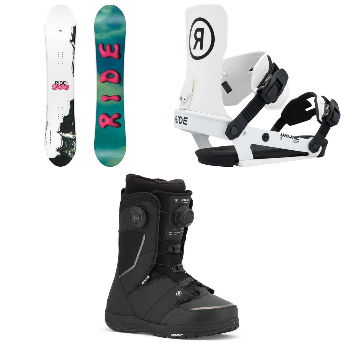Ride Saturday Snowboard + Drone Snowboard Bindings + Hera Pro Snowboard Boots - Women's 2026