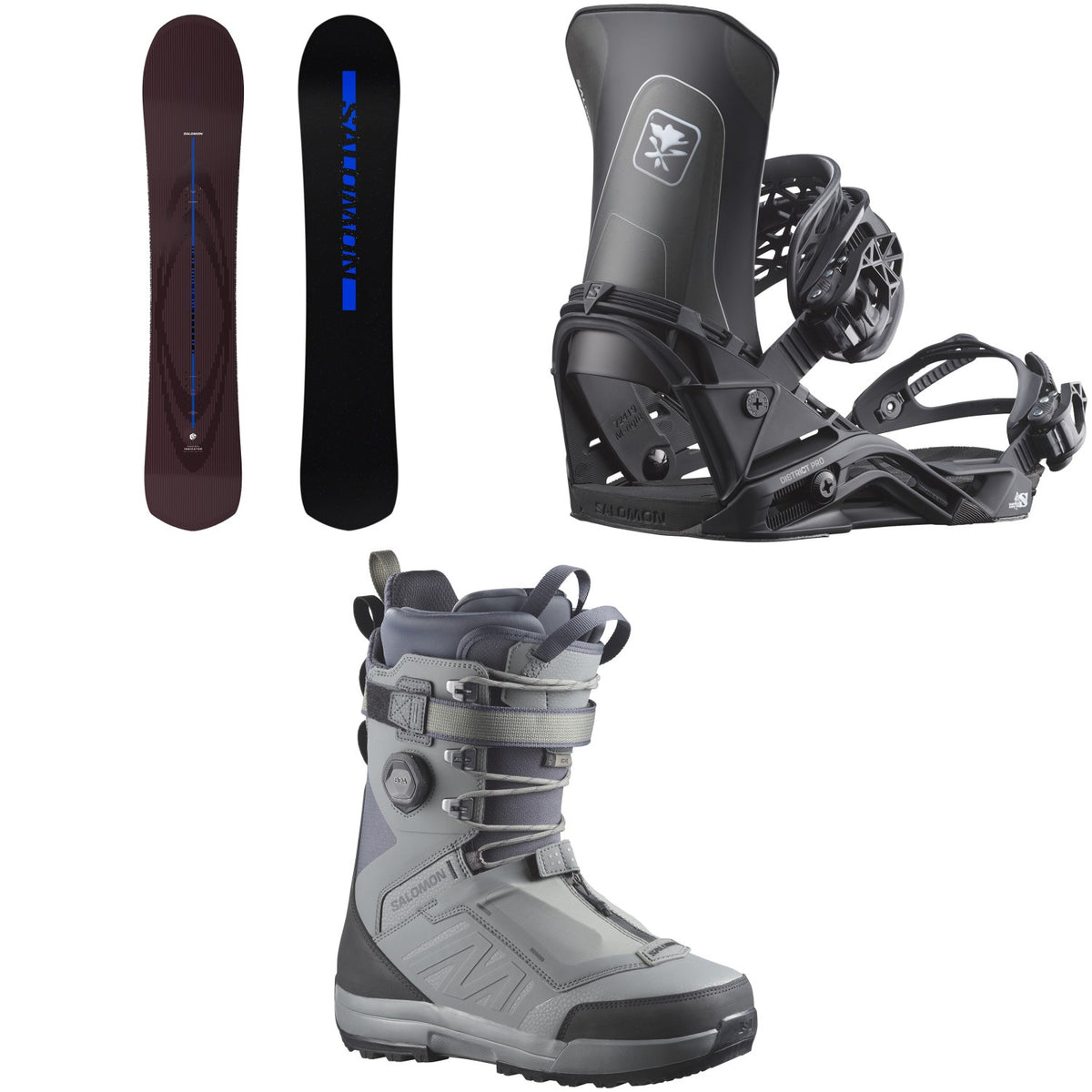 Salomon Indicator Snowboard + District Pro Snowboard Bindings + Echo Lace SJ Boa Snowboard Boots 2027