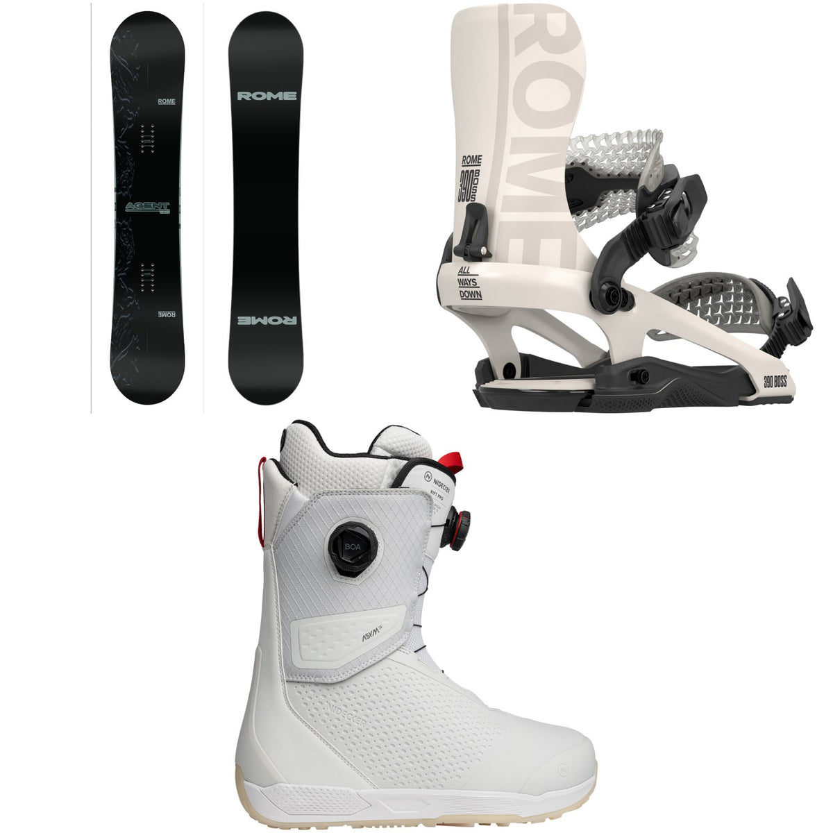 Rome Agent Pro Snowboard + 390 Boss FW Snowboard Bindings + Nidecker Rift Pro Snowboard Boots 2026