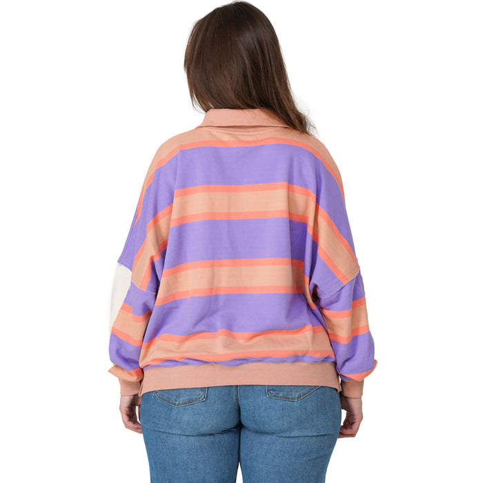 Notice The Reckless Retro Stripe Polo Shirt - Women's Purple/Brown/Orange/Cream