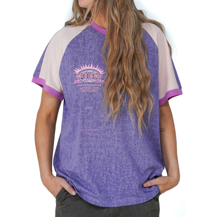 Notice The Reckless Scenic Route Raglan Oversized T-Shirt - Women's Blue/Light Pink/Magenta