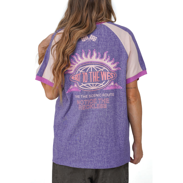 Notice The Reckless Scenic Route Raglan Oversized T-Shirt - Women's Blue/Light Pink/Magenta