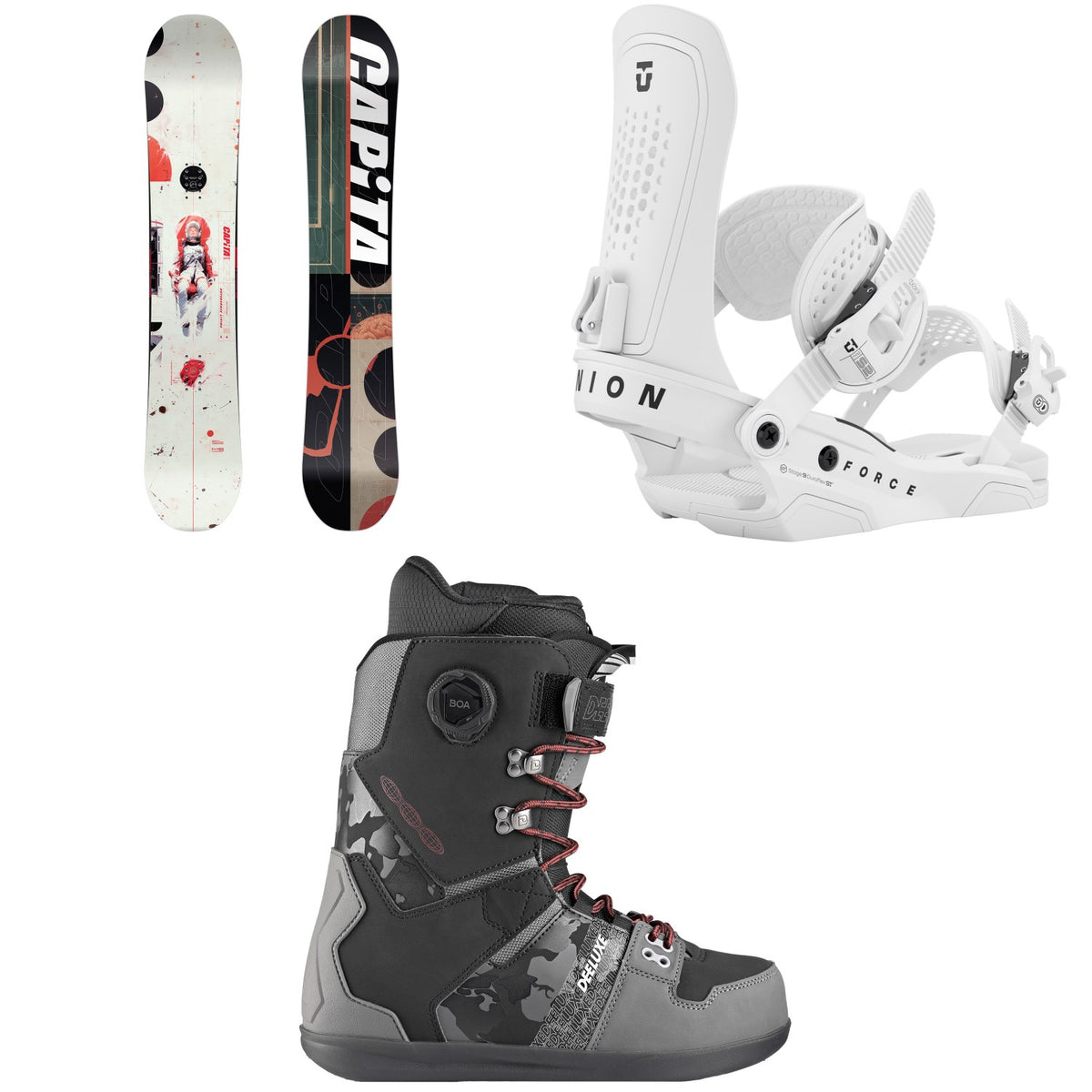 CAPiTA Outerspace Living Snowboard + Union Force Snowboard Bindings + Deeluxe D.N.A. Pro Snowboard Boots 2026