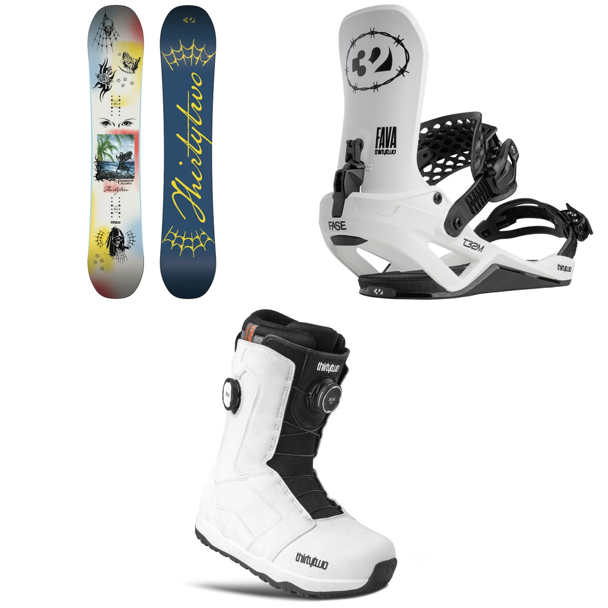 thirtytwo Permanent Vacation Snowboard + T32M FASE Snowboard Bindings + STW Double Boa Snowboard Boots 2027