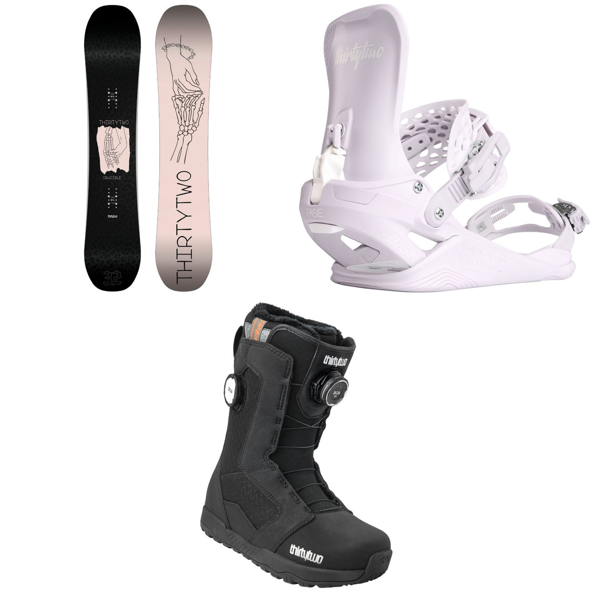 thirtytwo Crucible Snowboard + Basin FASE Snowboard Bindings + STW Double Boa Snowboard Boots - Women's 2027