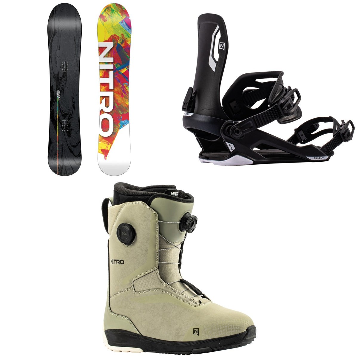 Nitro Alternator FX Snowboard + Talent Snowboard Bindings + Sentinel Boa Snowboard Boots 2027