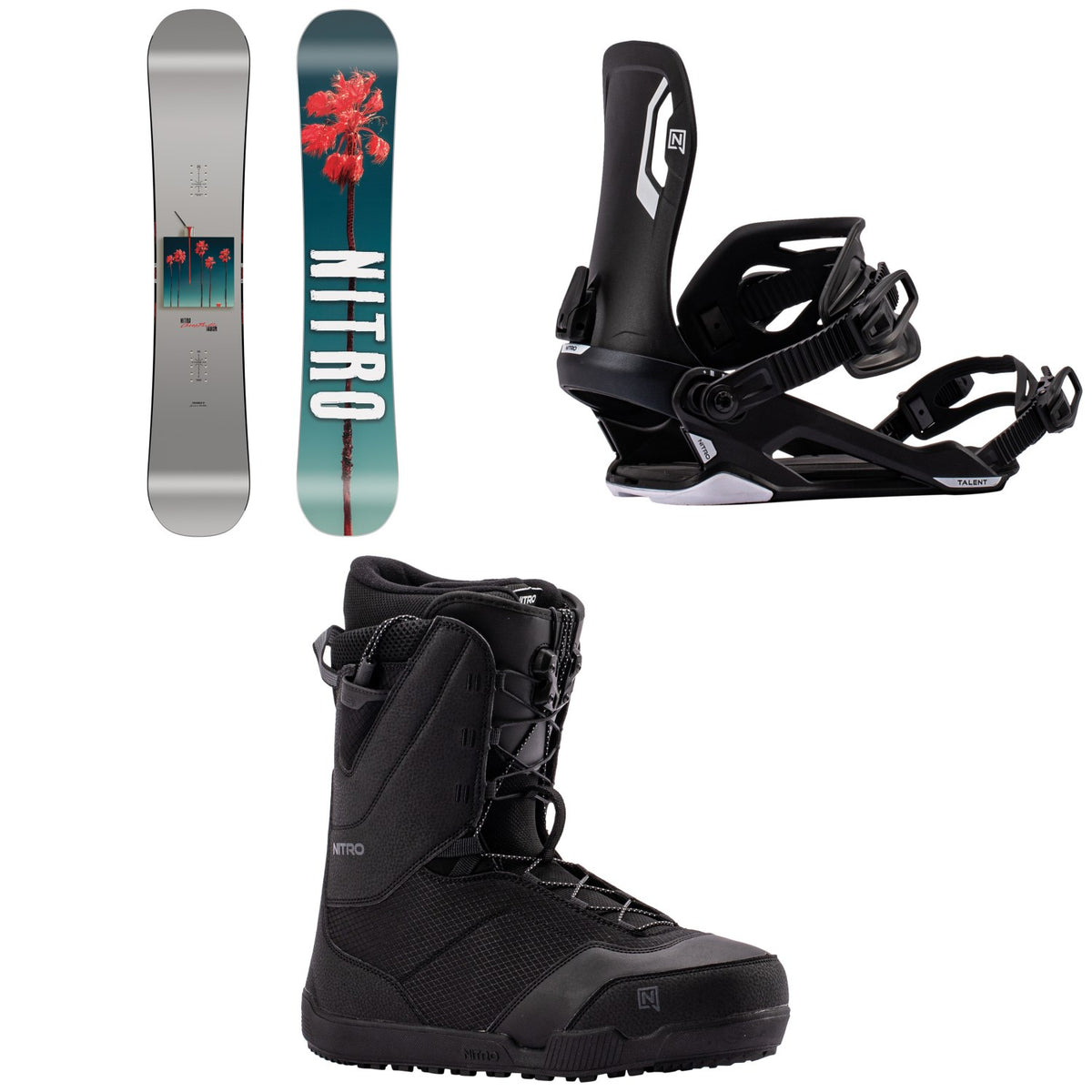 Nitro Cheap Thrills Snowboard + Talent Snowboard Bindings + Tangent TLS Snowboard Boots 2027