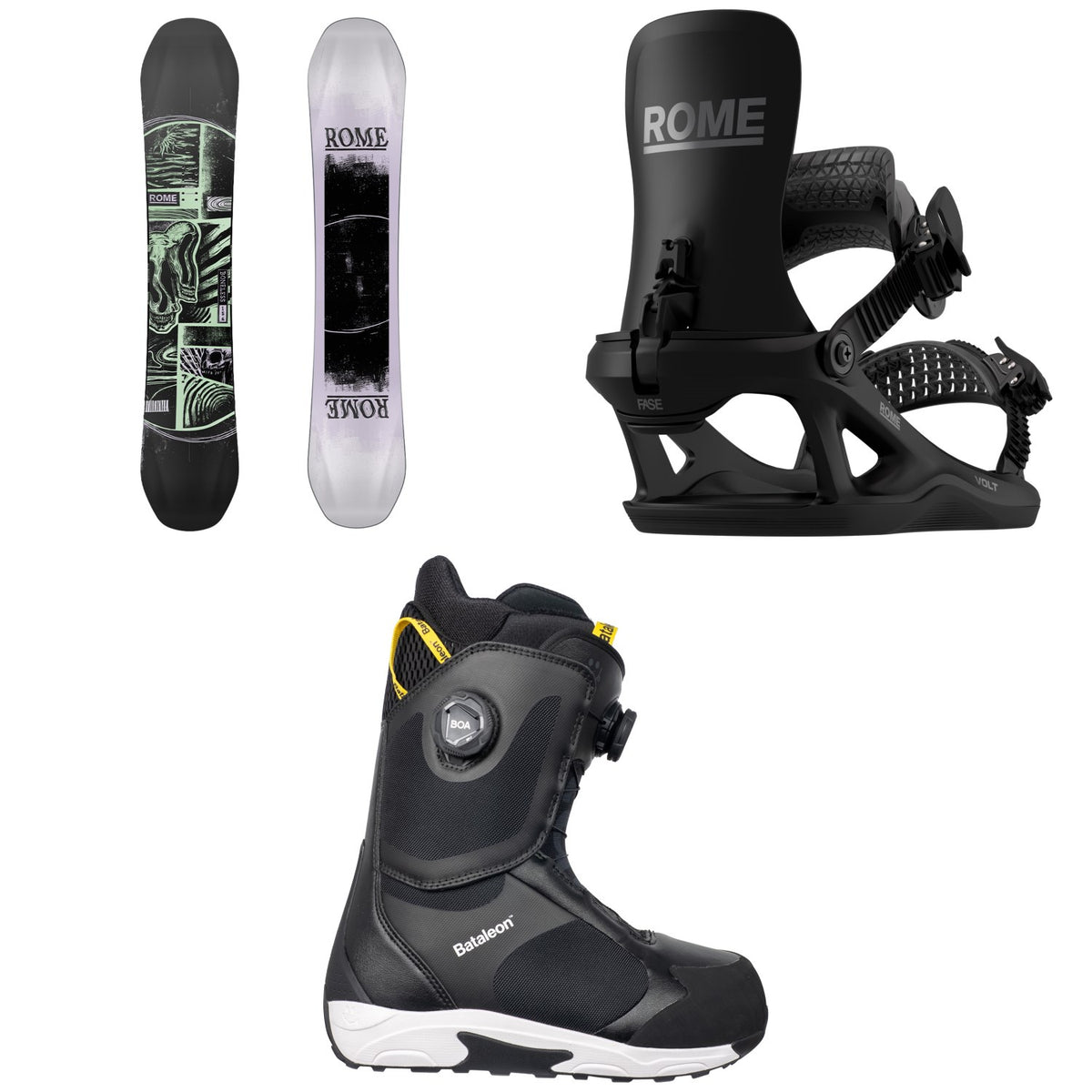 Rome Boneless Snowboard + Volt FASE Snowboard Bindings + Bataleon Rave Double Boa Snowboard Boots 2027