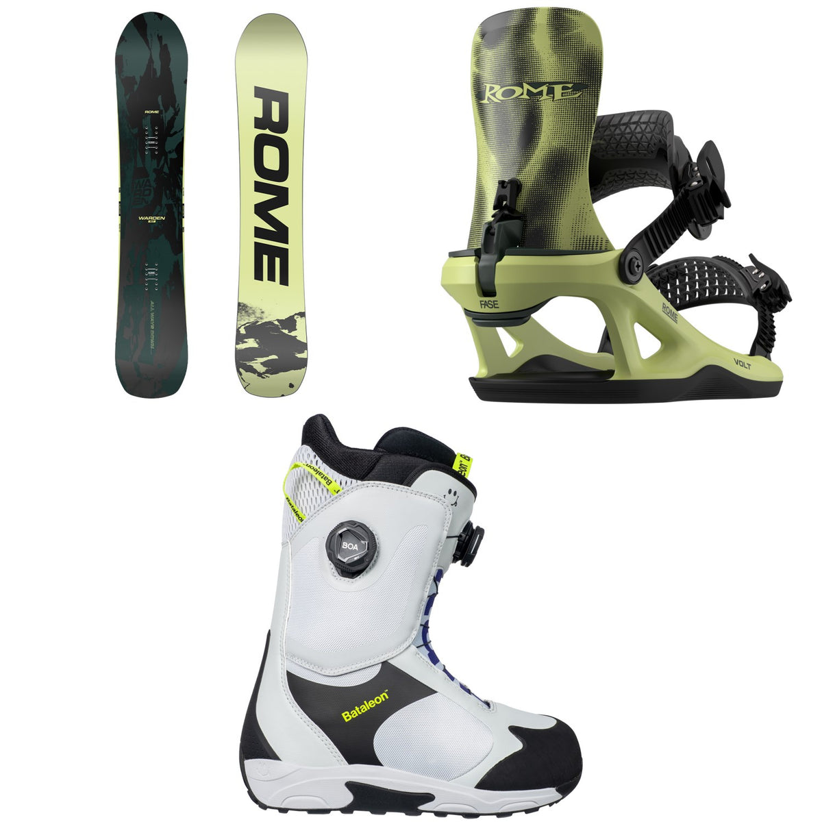 Rome Warden Snowboard + Volt FASE Snowboard Bindings + Bataleon Rave Double Boa Snowboard Boots 2027