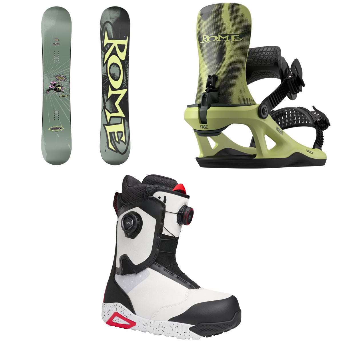 Rome Artifact Snowboard + Volt FASE Snowboard Bindings + Nidecker Rift Snowboard Boots 2027