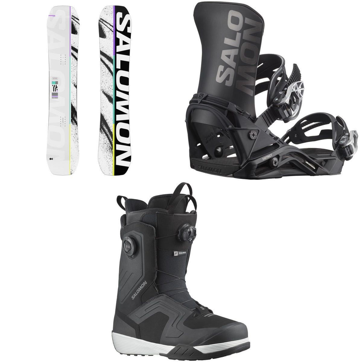 Salomon Huck Knife Snowboard + District Snowboard Bindings + Dialogue Dual Boa Snowboard Boots 2026