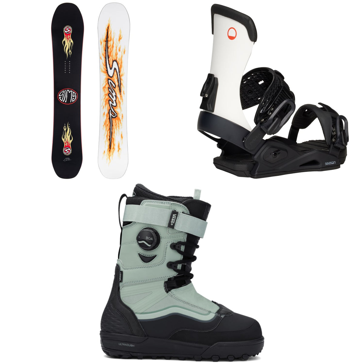 Sims Fakie Snowboard + Season Meld Snowboard Bindings + Vans Infuse Snowboard Boots