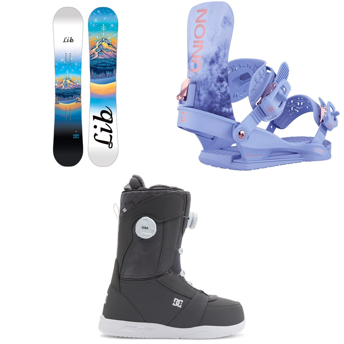 Lib Tech Glider BTX Snowboard + Union Juliet Snowboard Bindings + DC Lotus Snowboard Boots - Women's