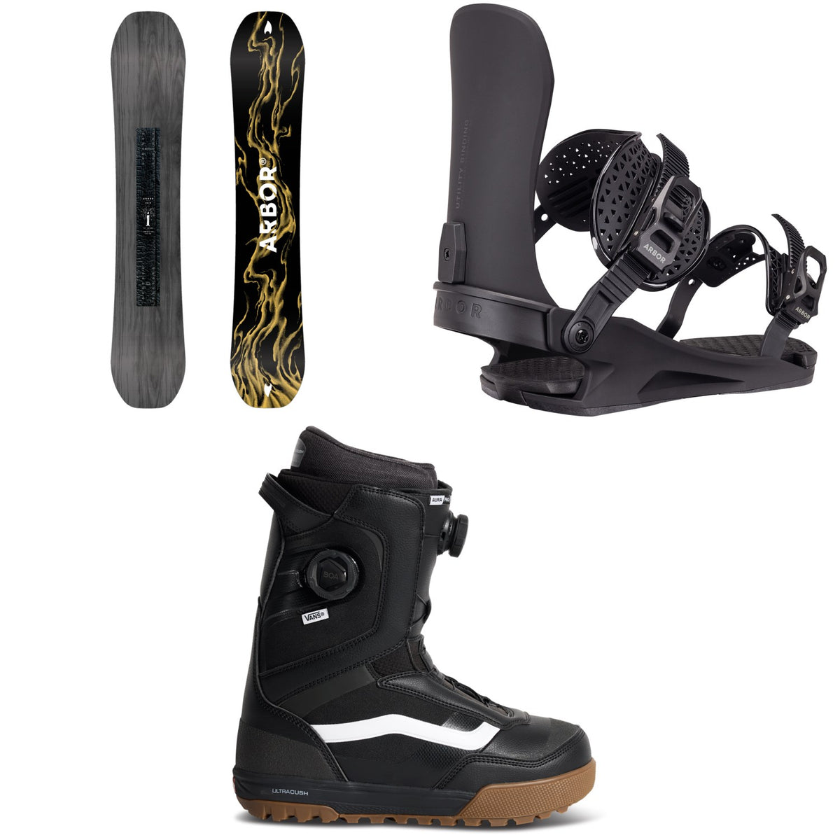 Arbor Rain Snowboard + Utility Snowboard Bindings + Vans Aura Pro 2.0 Snowboard Boots 2027