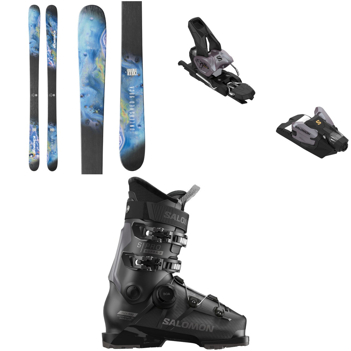 Nordica Unleashed 98 CA Skis + Salomon Strive 12 GW Ski Bindings + Salomon S/Pro Supra BOA X100 Ski Boots