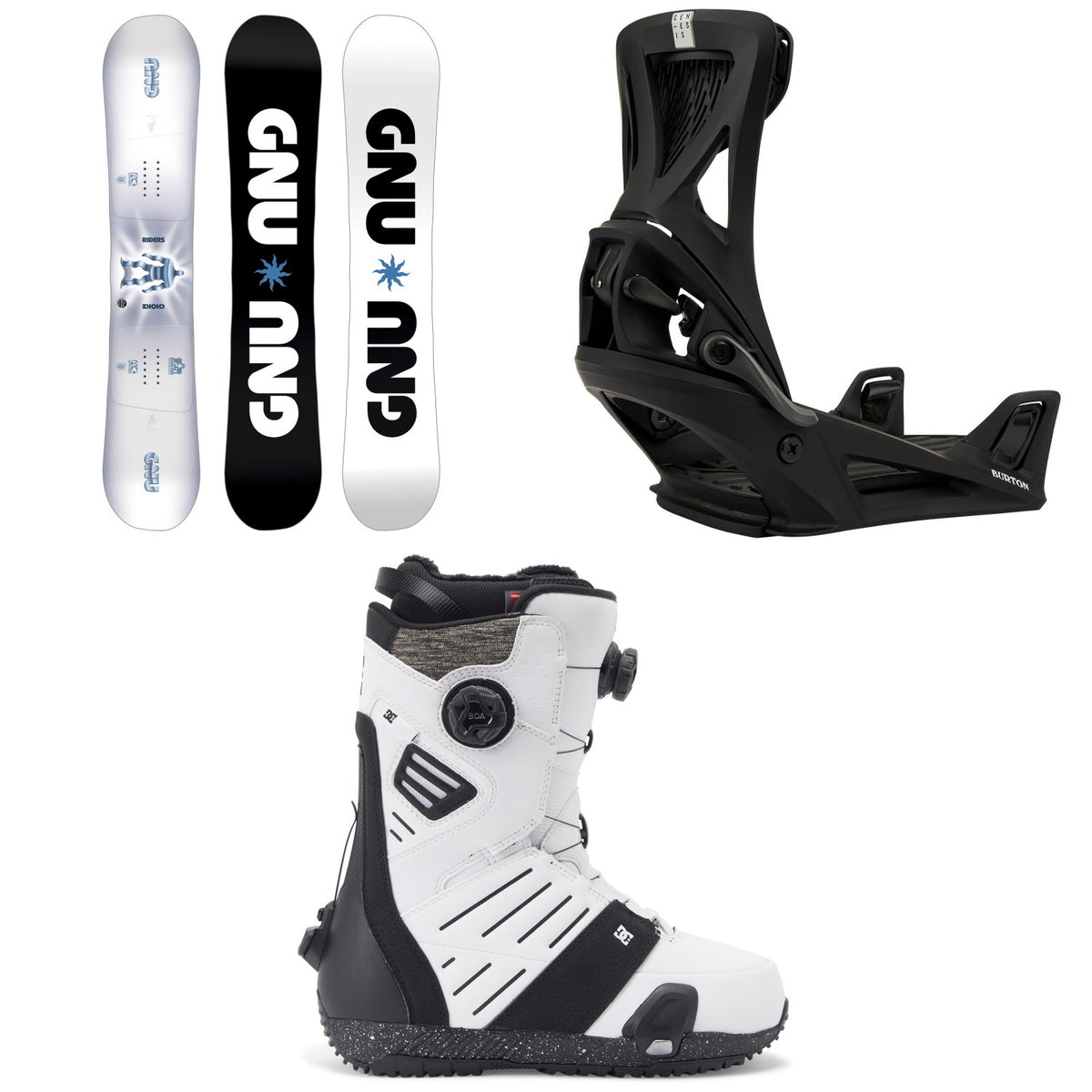 GNU Riders Choice Asym C2X Snowboard + Burton Step On Genesis Snowboard Bindings + DC Judge Step On Snowboard Boots 2026