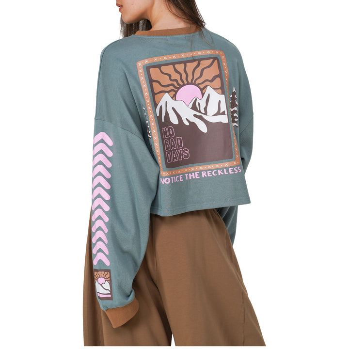 Notice The Reckless No Bad Days Cropped Long-Sleeve T-Shirt - Women's Teal/Brown