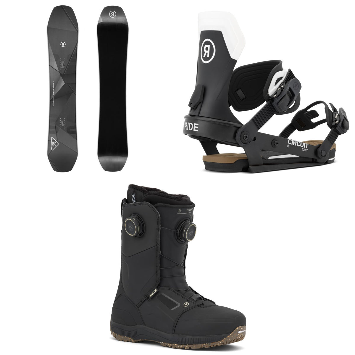 Ride Deep Fake Snowboard + Circuit Snowboard Bindings + Trident Boa Snowboard Boots 2027