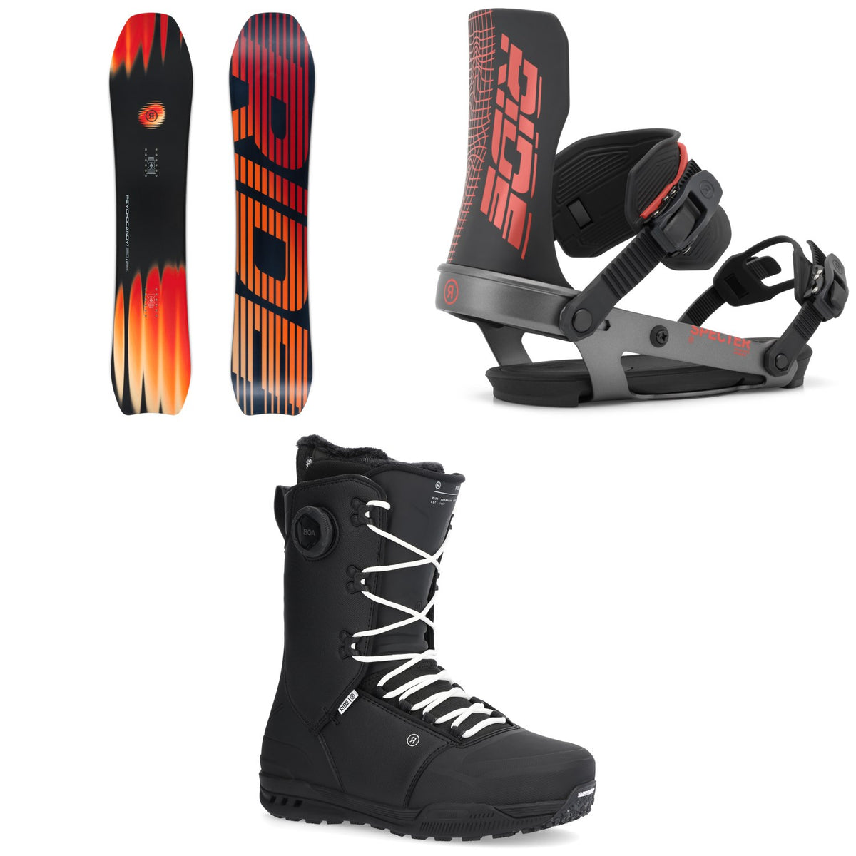 Ride Psychocandy Snowboard + Specter Snowboard Bindings + Fuse Snowboard Boots 2027
