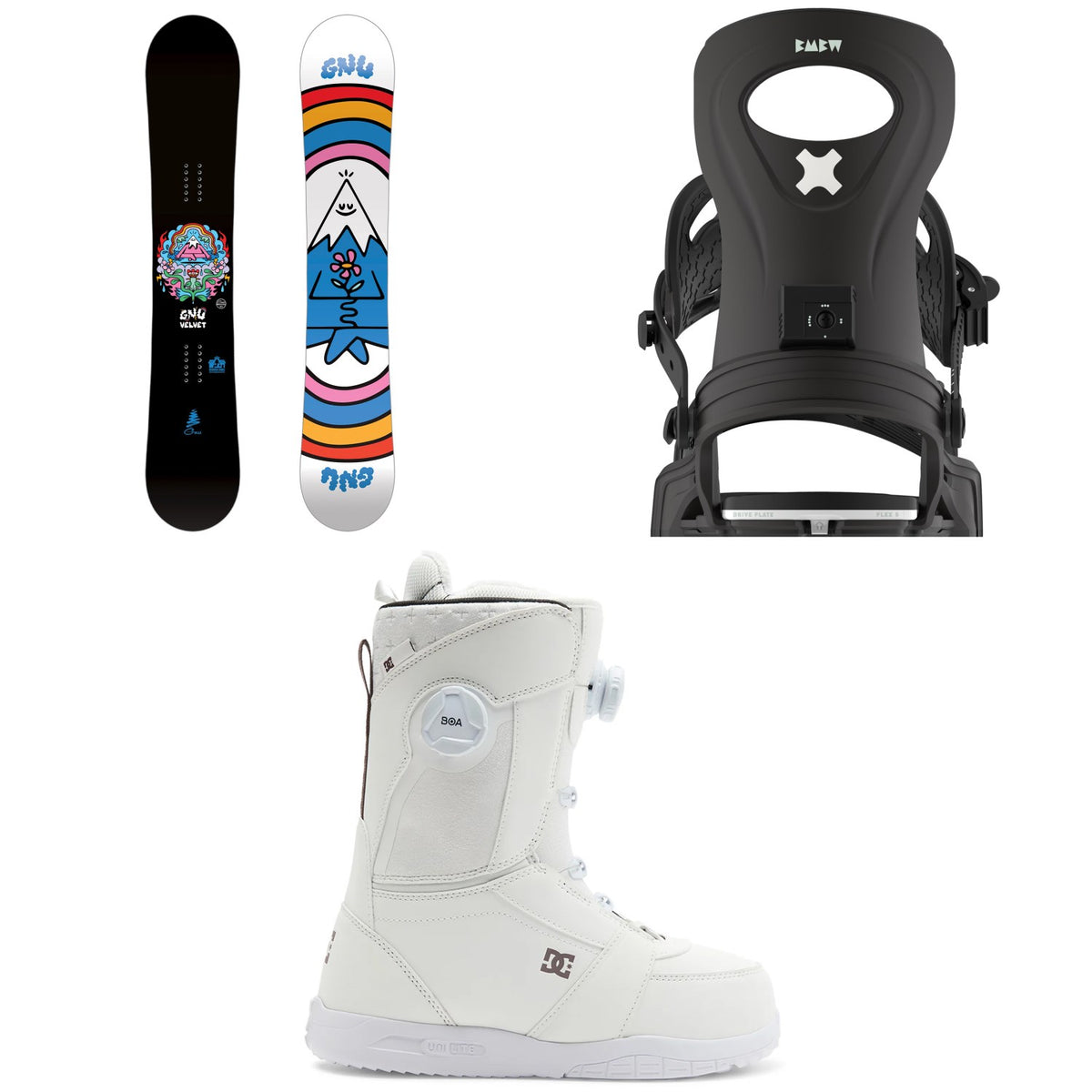 GNU Velvet C2 Snowboard + Bent Metal Metta Snowboard Bindings + DC Lotus Snowboard Boots - Women's