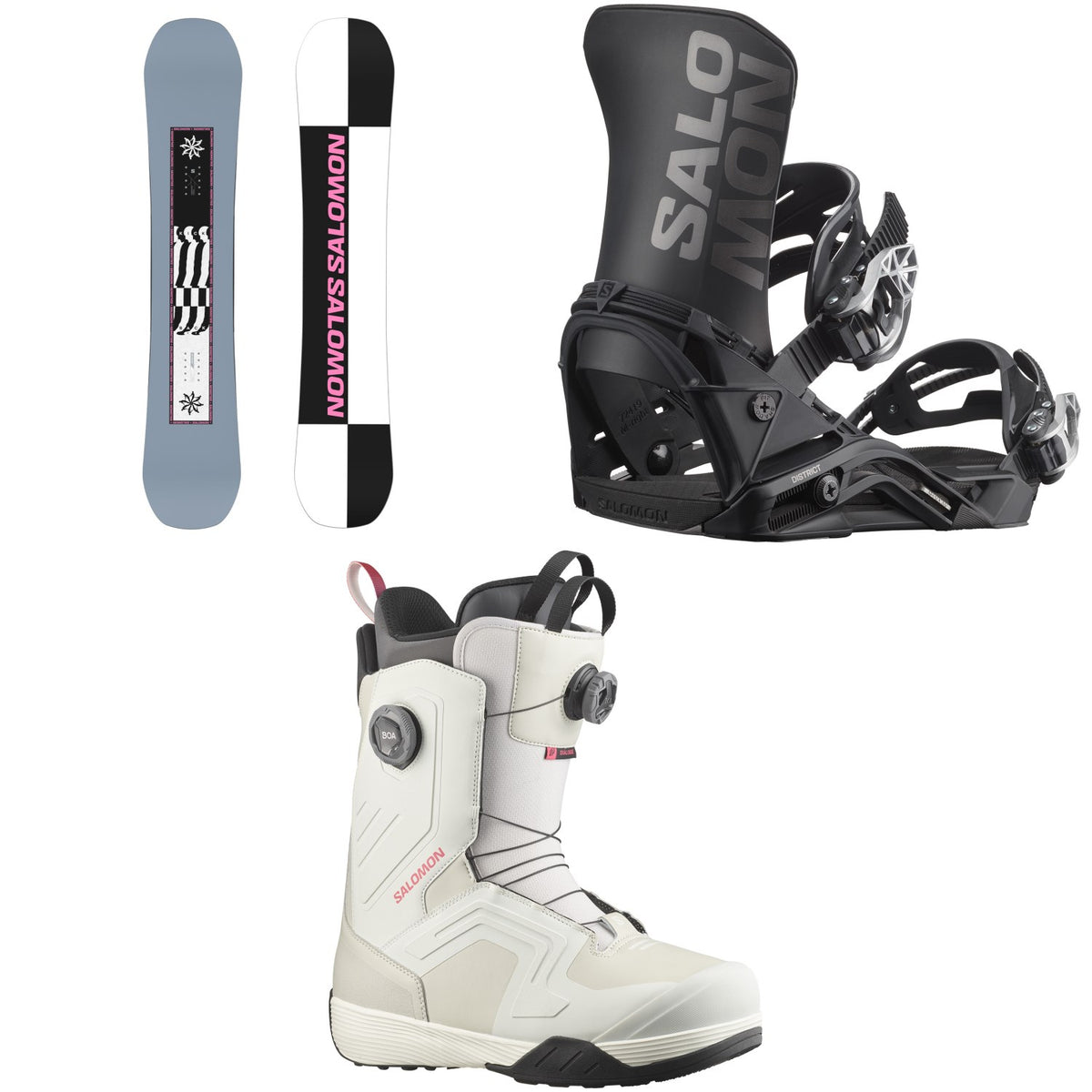 Salomon Kickback Snowboard + District Snowboard Bindings + Dialogue Dual Boa Snowboard Boots 2026
