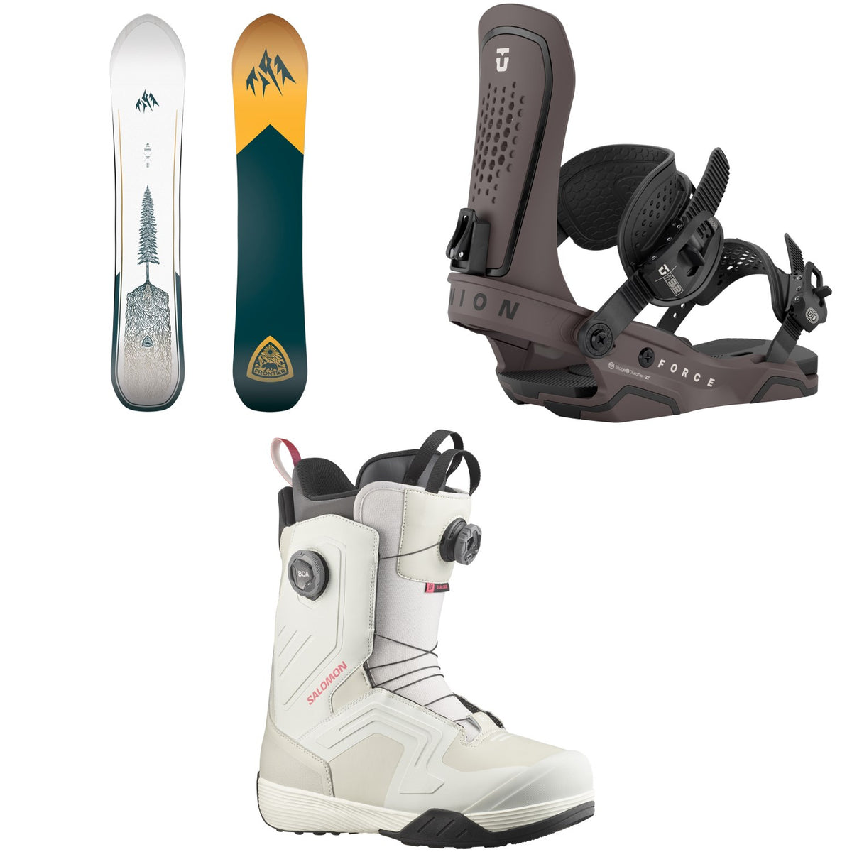 Jones Frontier 2.0 Snowboard + Union Force Snowboard Bindings + Salomon Dialogue Dual Boa Snowboard Boots 2026