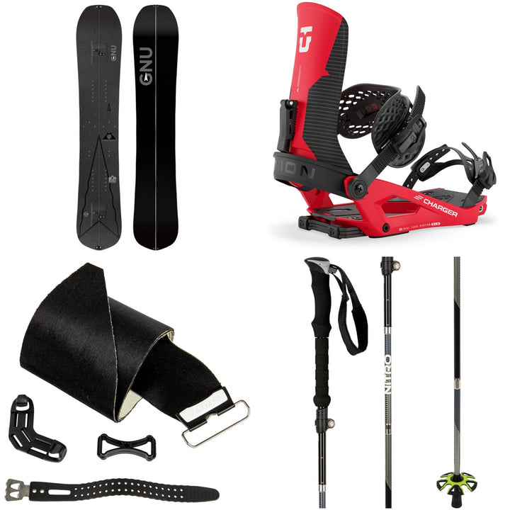GNU Banked Country Splitboard + Union Charger Splitboard Bindings + Nitro Universal Splitboard Skins + 4 Pcs Foldable Splitboard Poles 2027